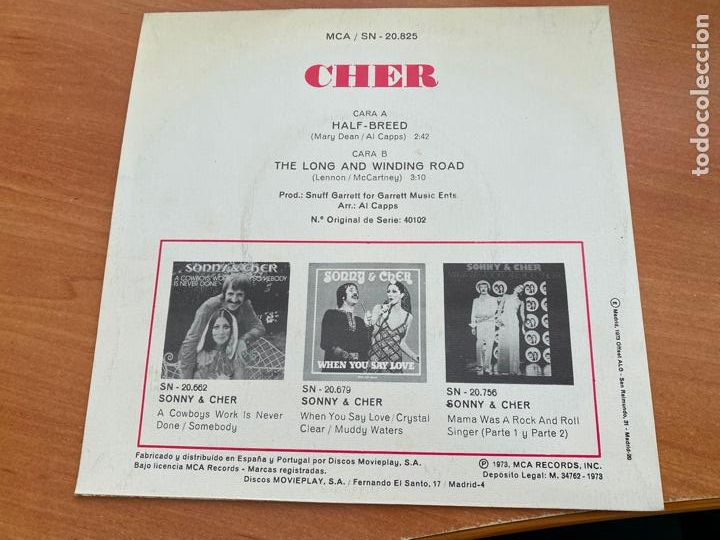 Discos de vinilo: CHER (HALF BREED) SINGLE ESPA&Ntilde;A 1973 (EPI10) - Foto 3