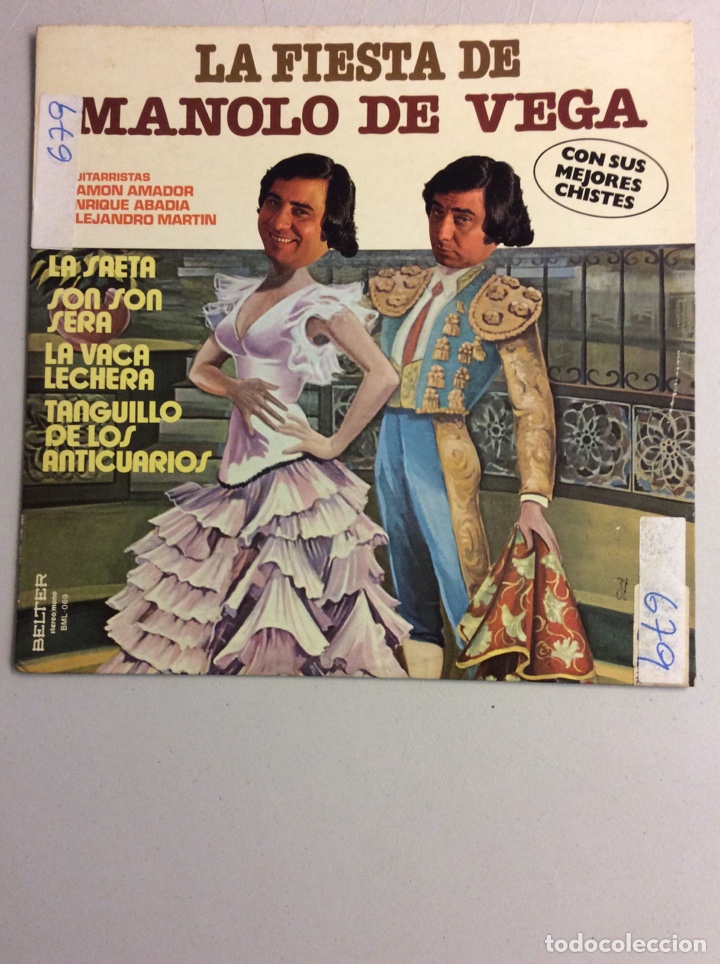 Discos de vinilo: La fiesta de Manolo de Vega. La Saeta. La vaca lechera. Con sus mejores chistes.