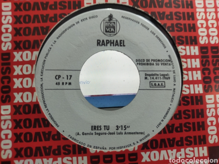 Discos de vinilo: Raphael single promocional jinetes en el cielo / eres t&uacute; 1969 - Foto 2