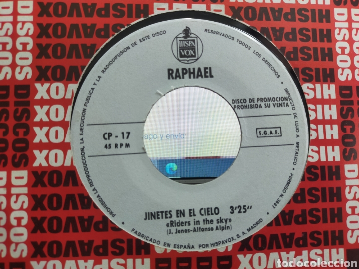 Discos de vinilo: Raphael single promocional jinetes en el cielo / eres t&uacute; 1969 - Foto 1