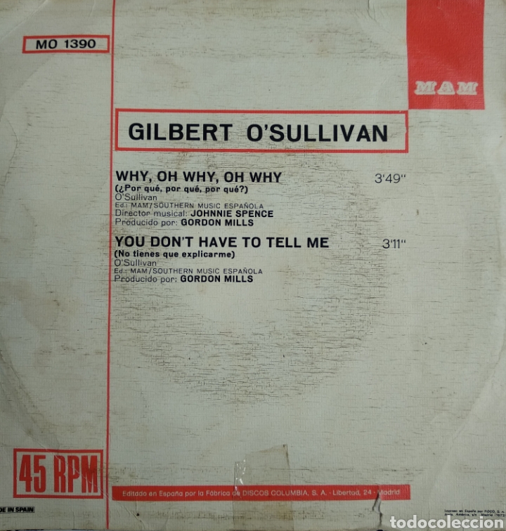 Discos de vinilo: *GILBERT OSULLIVAN, WHY O WHY, SPAIN, MAM, 1973 - Foto 2