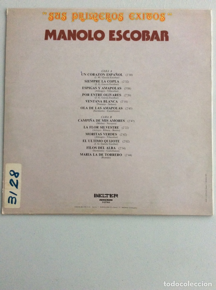Discos de vinilo: Manolo Escobar. Sus primeros &eacute;xitos. Un coraz&oacute;n espa&ntilde;ol. - Foto 2