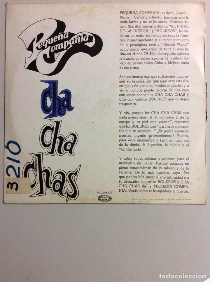 Discos de vinilo: Peque&ntilde;a Compa&ntilde;&iacute;a. Boleros 2. Cha Cha Chas. - Foto 2