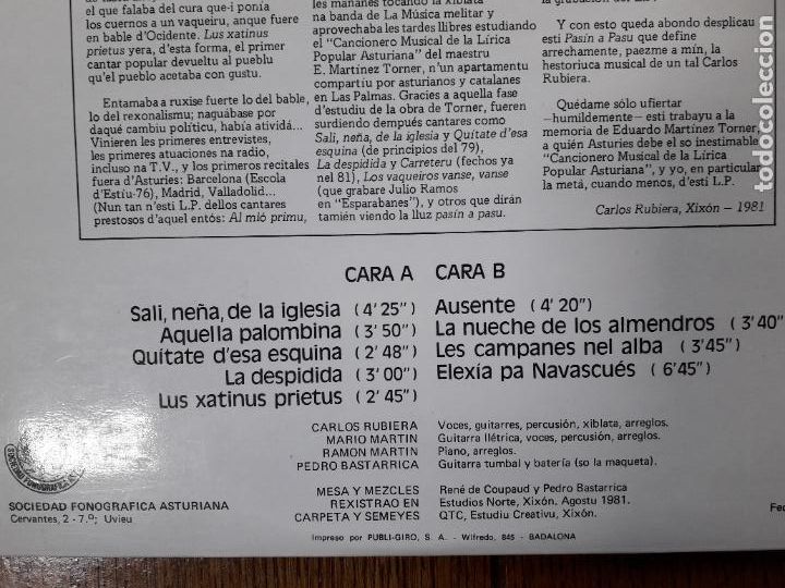 Discos de vinilo: Carlos Rubiera - pasin a pasu - Foto 4