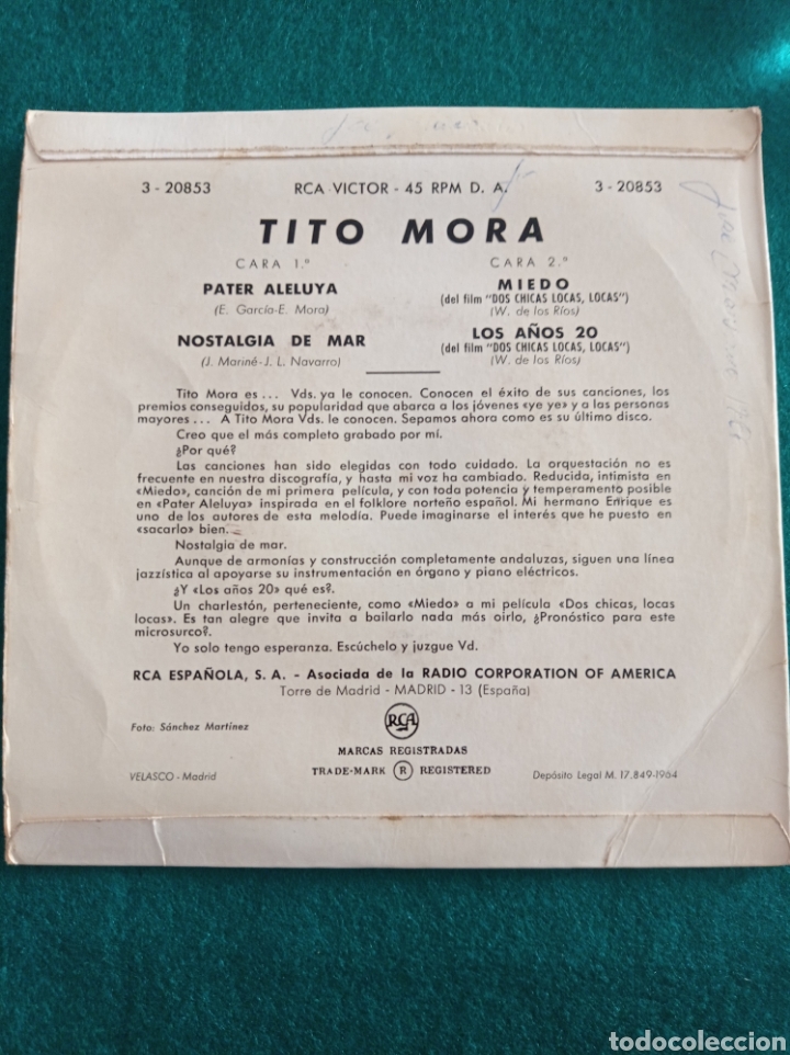 Discos de vinilo: DISCO VINILO SINGLES , TITO MORA , 1964 - Foto 2