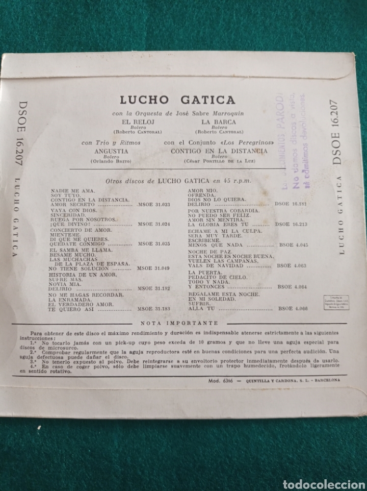 Discos de vinilo: FISCO VINILO SINGLES , LUCHO GATICA , EL RELOJ , 1958 - Foto 2