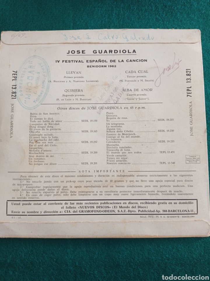 Discos de vinilo: DISCO VINILO SINGLES , JOSE GUARDIOLA , 1962 - Foto 2