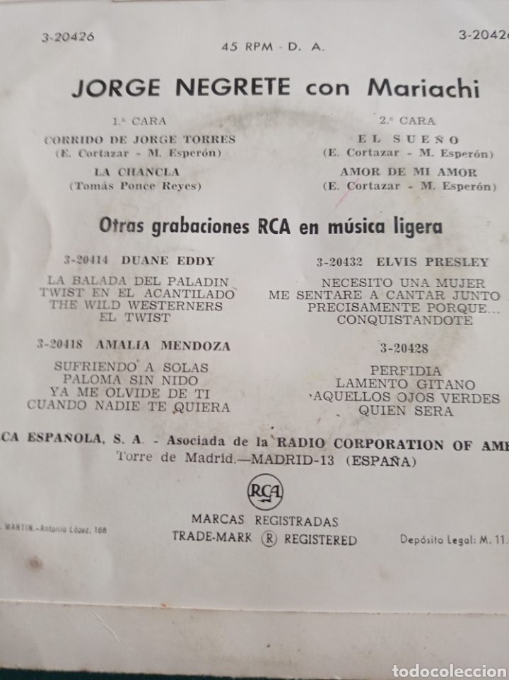 Discos de vinilo: DISCO VINILO SINGLES , JORGE NEGRETE - Foto 2
