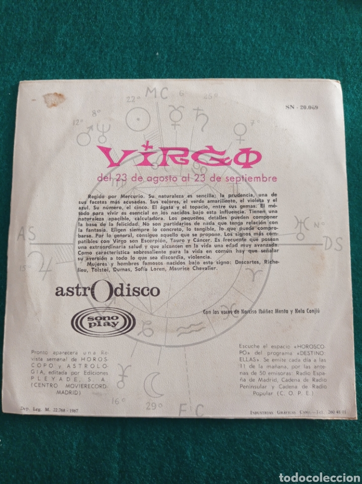 Discos de vinilo: DISCO VINILO SINGLES , VIRGO HOROSCOPO , 1967 - Foto 2