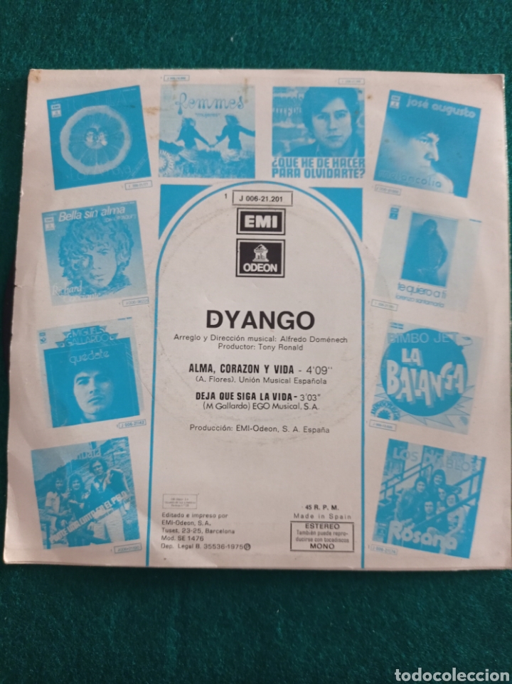Discos de vinilo: DISCO VINILO SINGLES , DYANGO , ALMA CORAZON Y VIDA , 1975 - Foto 2