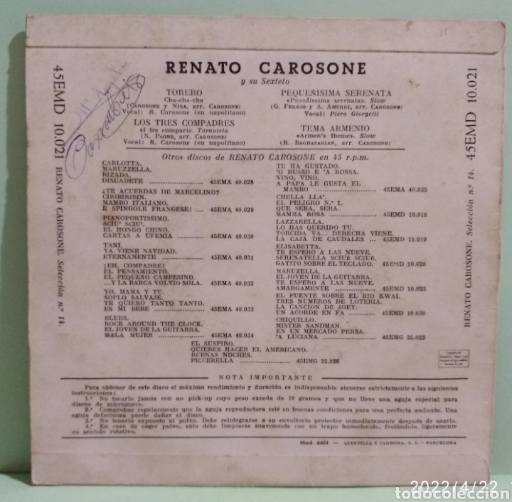 Discos de vinilo: Renato Carosone y su sexteto - Foto 2
