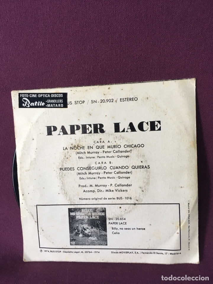 Discos de vinilo: Disco de vinilo Single la noche en que muri&oacute; Chicago - Foto 2