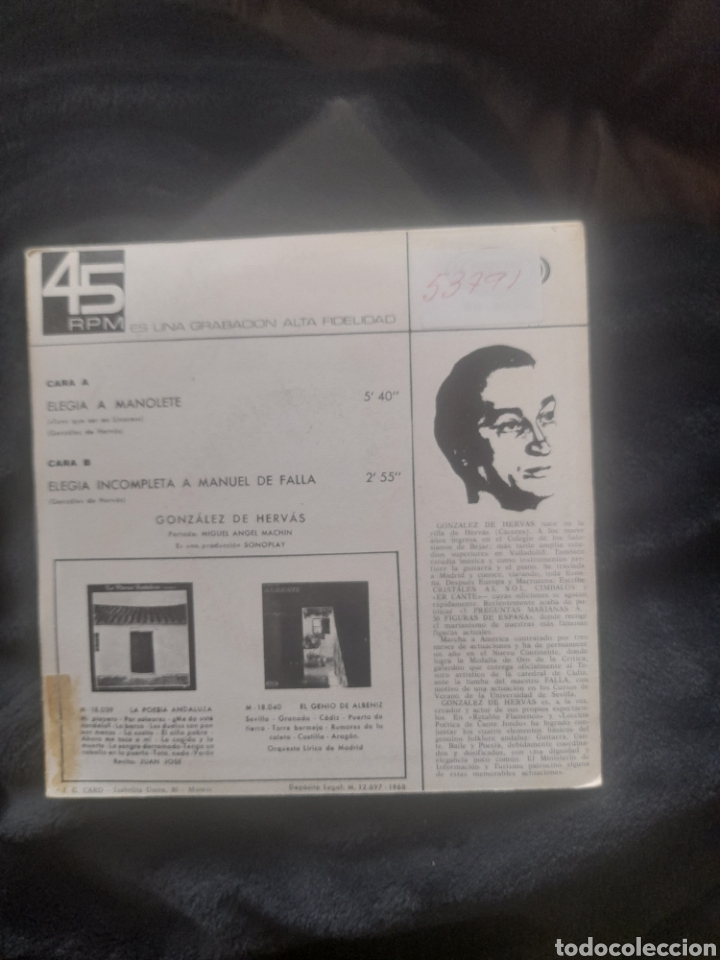 Discos de vinilo: Eleg&iacute;a a Manolete y a Manuel de Falla, vinilo Gonz&aacute;lez de Hervas de 1968 - Foto 2
