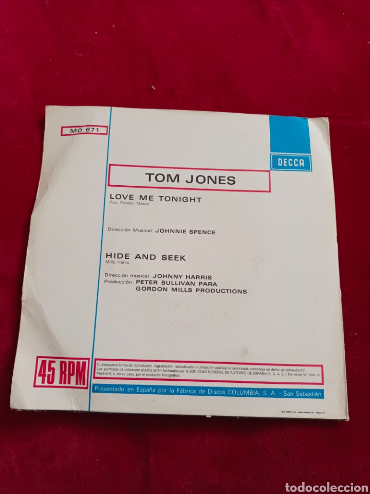 Discos de vinilo: Vinilo single - Tom Jones - Love me tonight - Foto 2