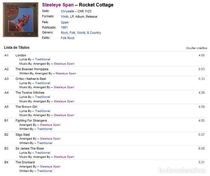 Discos de vinilo: VINILO LP - STEELEYE SPAN - ROCKET COTTAGE - MADE IN SPAIN - CHRYSALIS - 1981 - Foto 2