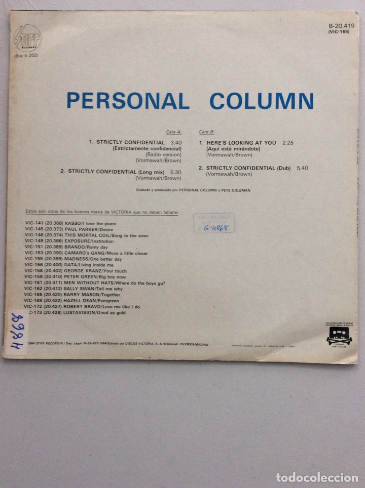 Discos de vinilo: Personal Column. Strictly confidential. - Foto 2