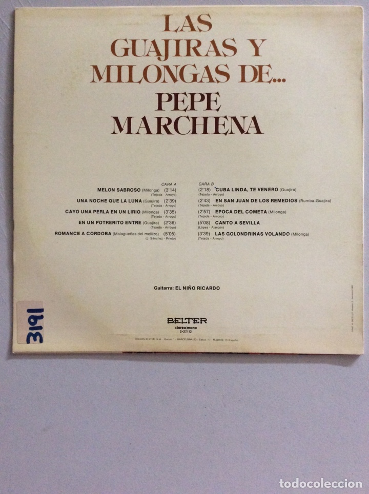 Discos de vinilo: Las guajiras y milongas de... Pepe Marchena. - Foto 2