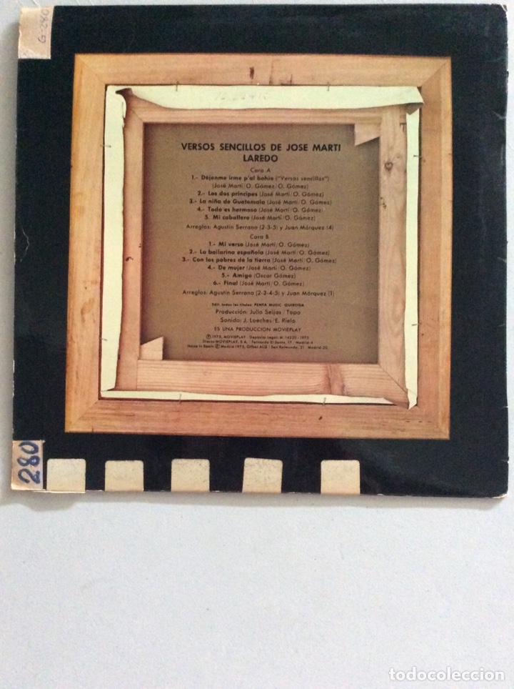Discos de vinilo: Versos sencillos de Jos&eacute; Mart&iacute; / Laredo. - Foto 2