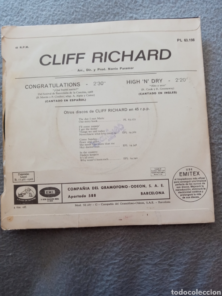 Discos de vinilo: Cliff Richard.congratulations.disco vinilo single - Foto 2