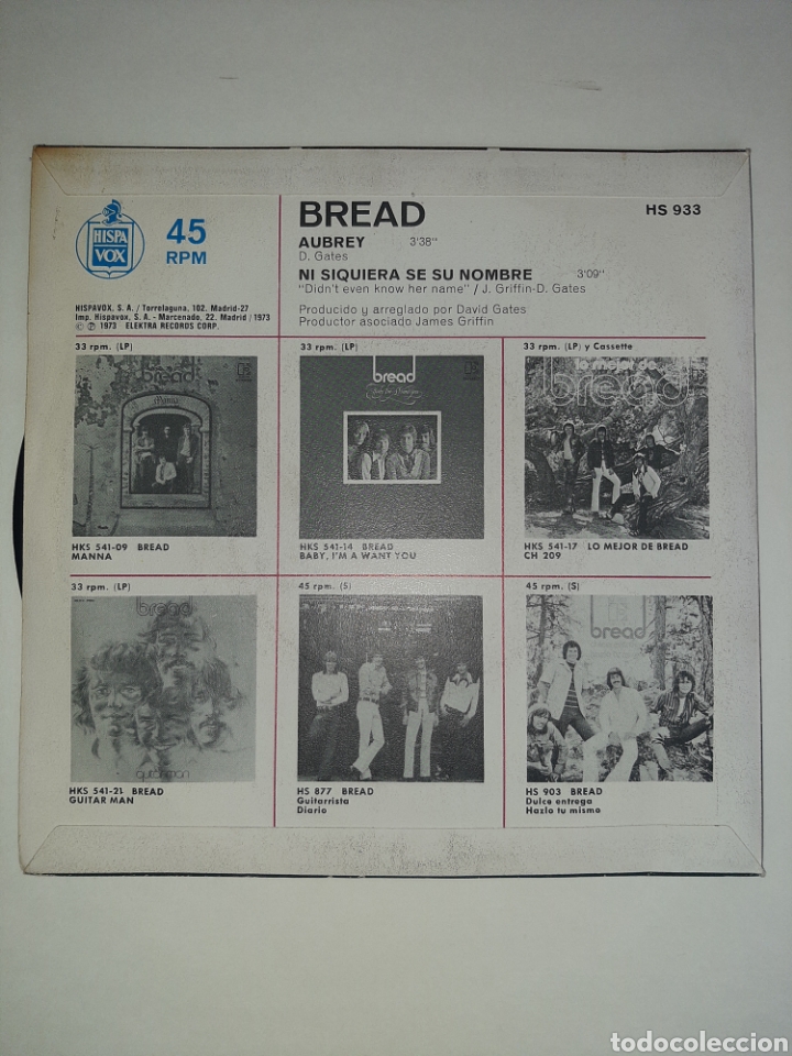 Discos de vinilo: Single 45 rpm Bread - Aubrey, 1973. - Foto 2