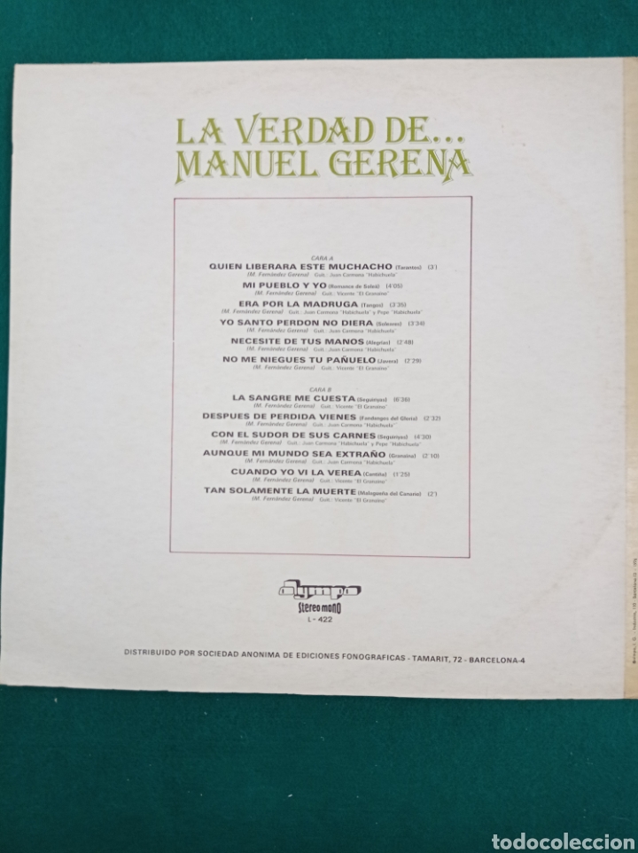 Discos de vinilo: DISCO VINILO LP , LA VERDAD DE MANUEL GERENA , 1976 - Foto 2