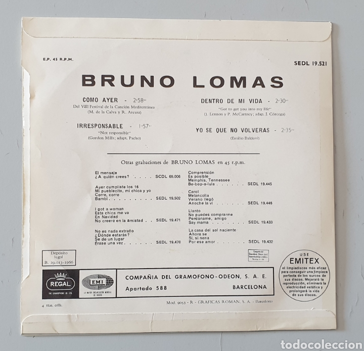 Discos de vinilo: EP BRUNO LOMAS - Como Ayer/+3 (Espa&ntilde;a - Regal - 1966) COMO NUEVO!! - Foto 3