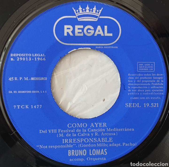 Discos de vinilo: EP BRUNO LOMAS - Como Ayer/+3 (Espa&ntilde;a - Regal - 1966) COMO NUEVO!! - Foto 4