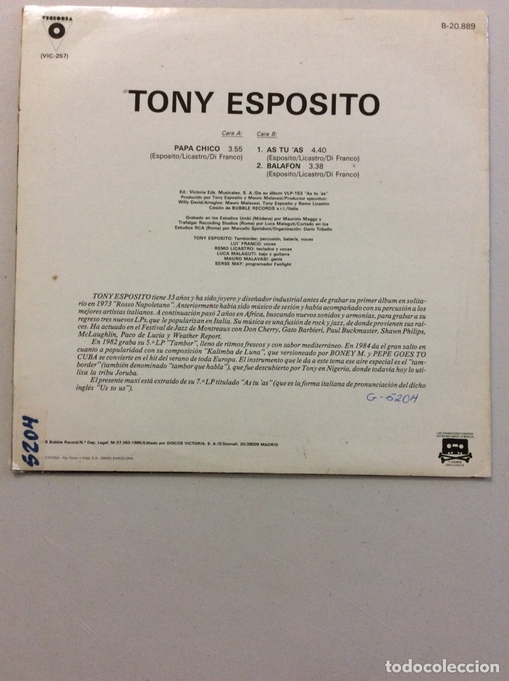 Discos de vinilo: Tony Esposito. Papa-chico. - Foto 2