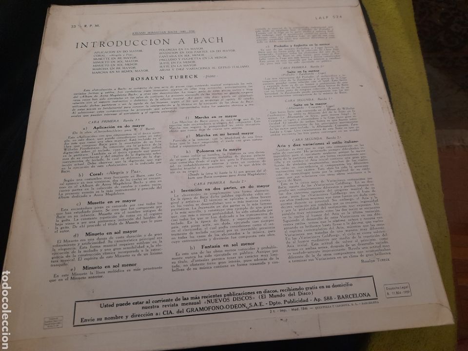 Discos de vinilo: Rosalyn Tureck , Introducci&oacute;n a Bach de 1959 - Foto 2