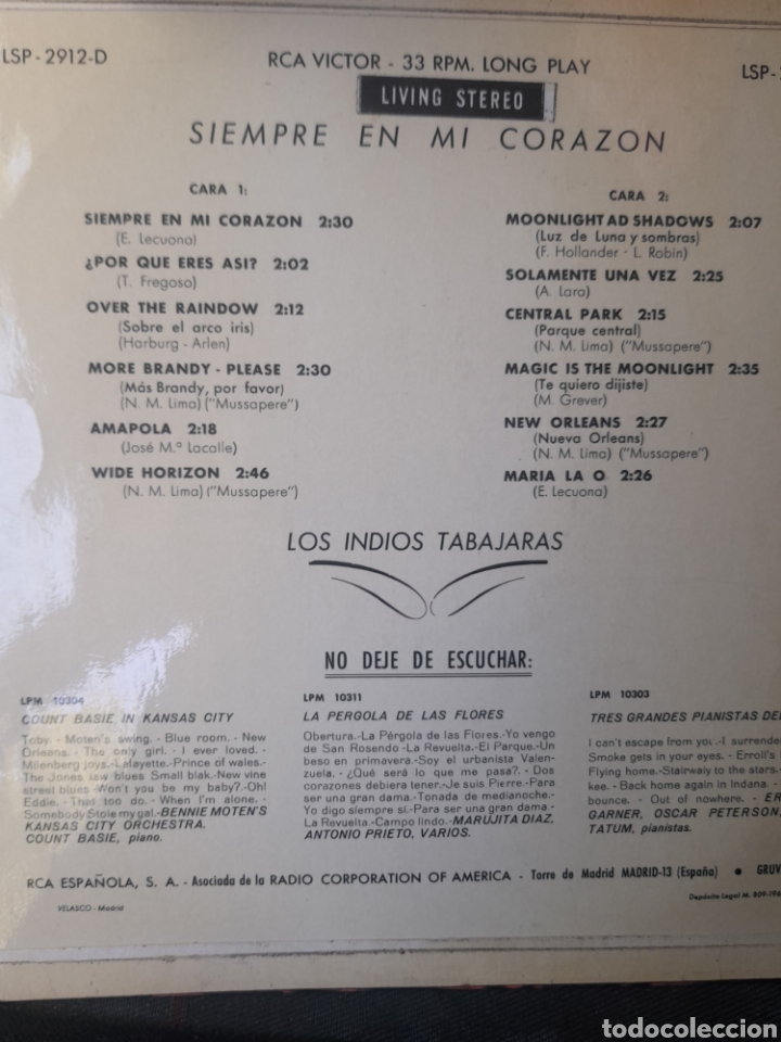 Discos de vinilo: Vinilo, Los Indios Tabajara, siempre en mi coraz&oacute;n - Foto 2