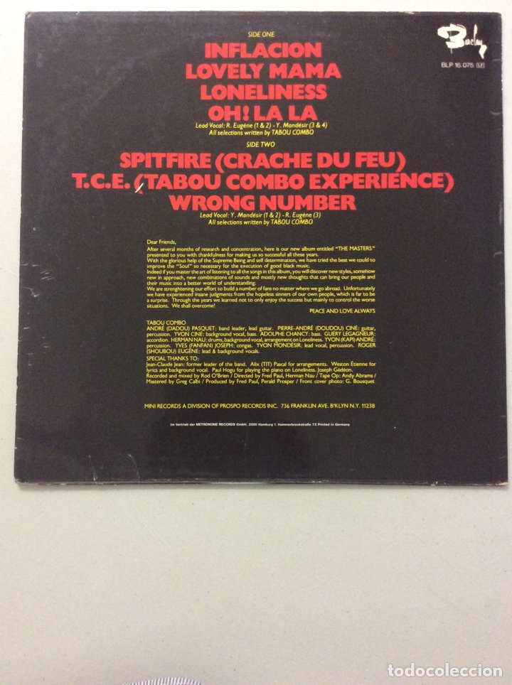 Discos de vinilo: Tabou Combo. The Masters. Inflacion. - Foto 2