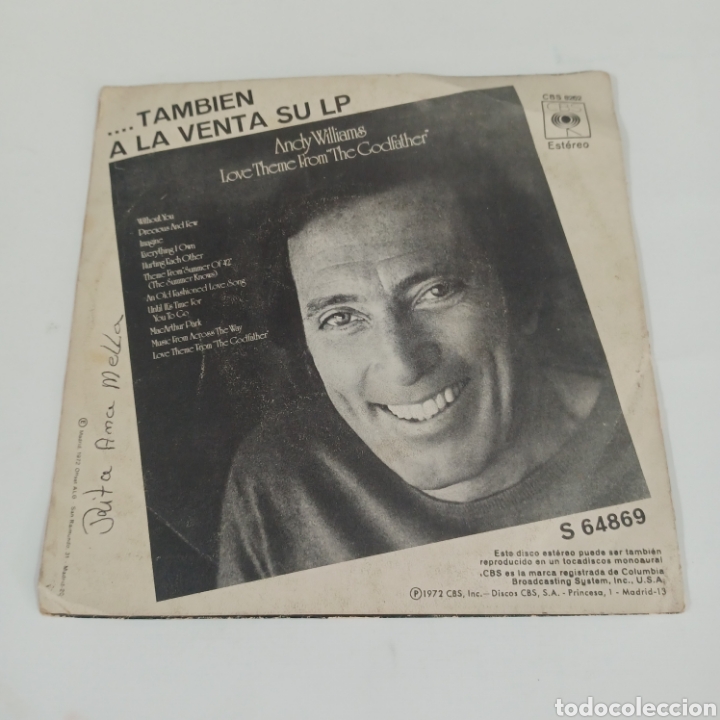 Discos de vinilo: ANDY WILLIAMS - TEMA DE AMOR DE LA PELICULA EL PADRINO - SINGLE - Foto 2
