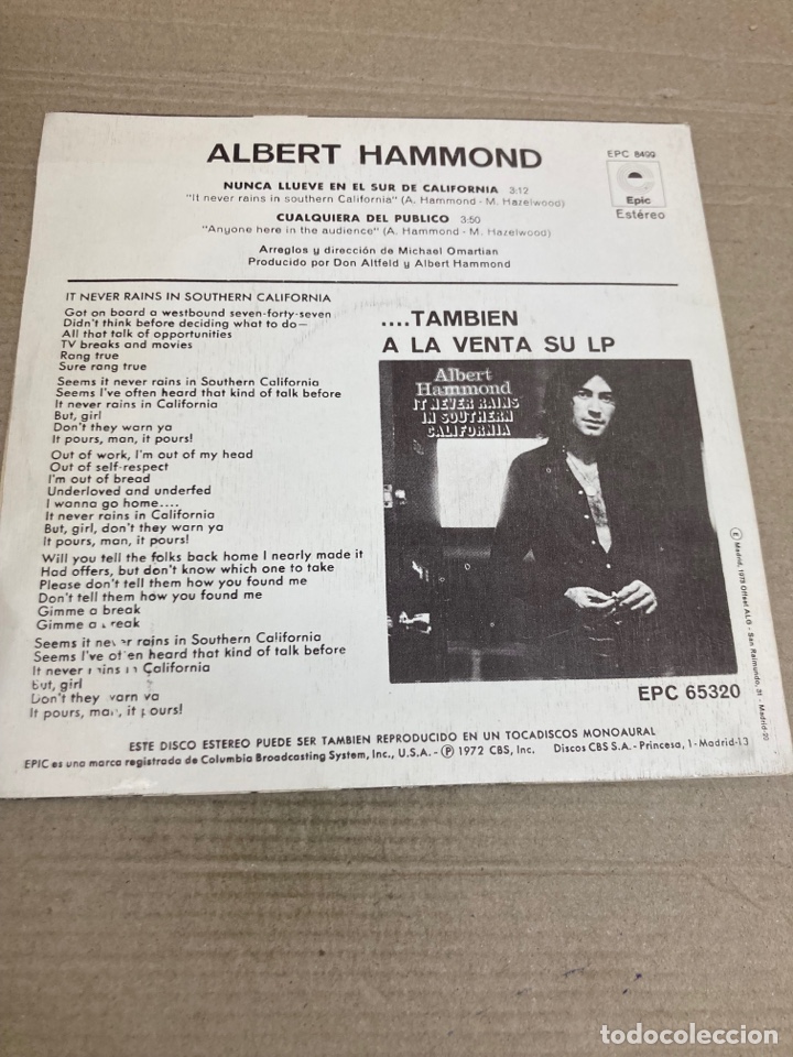 Discos de vinilo: Disco de vinilo Single Albert Hammond - Foto 2
