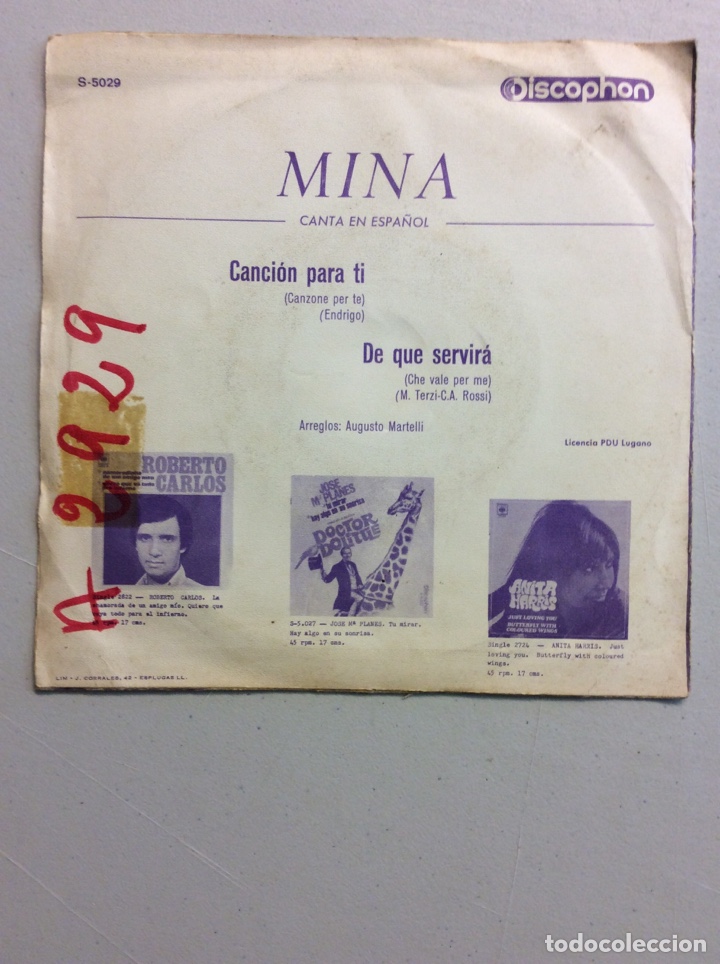 Discos de vinilo: Mina. Canci&oacute;n para t&iacute;. De qu&eacute; servir&aacute;. - Foto 2