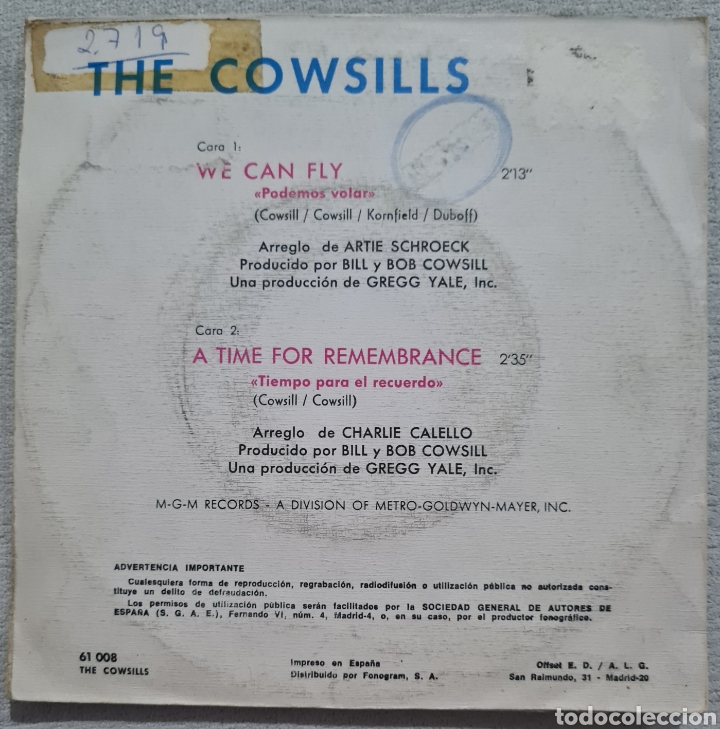 Discos de vinilo: SINGLE - THE COWSILLS - WE CAN FLY 1968 - Foto 2