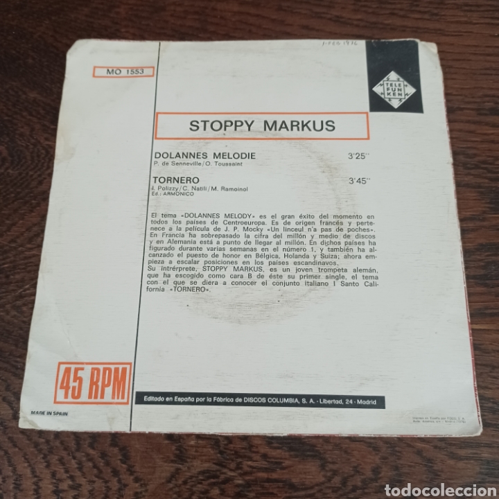Discos de vinilo: STOPPY MARKUS - DOLANNES MELODIE / TORNERO - Foto 2