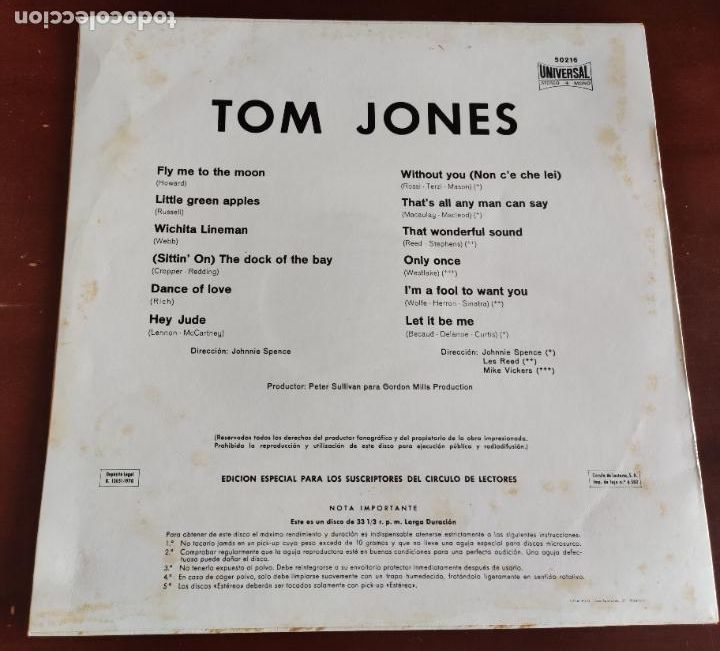 Discos de vinilo: TOM JONES - CIRCULO LECTORES - LP - 1970 - Foto 2