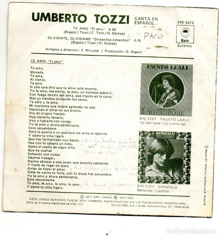Discos de vinilo: UMBERTO TOZZI - TE AMO - SINGLE - Foto 2