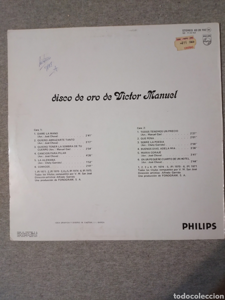 Discos de vinilo: Disco de Oro de V&iacute;ctor Manuel. Solo funda, sin disco. - Foto 2