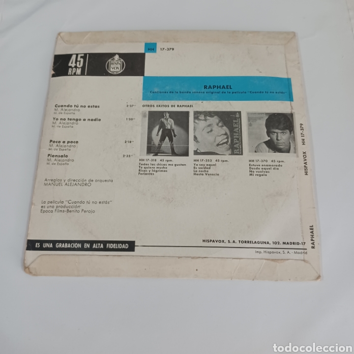 Discos de vinilo: RAPHAEL - CANCIONES DE LA PELICULA ( CUSNDO TU NO ESTAS ) 1966 HISPAVOX - Foto 2