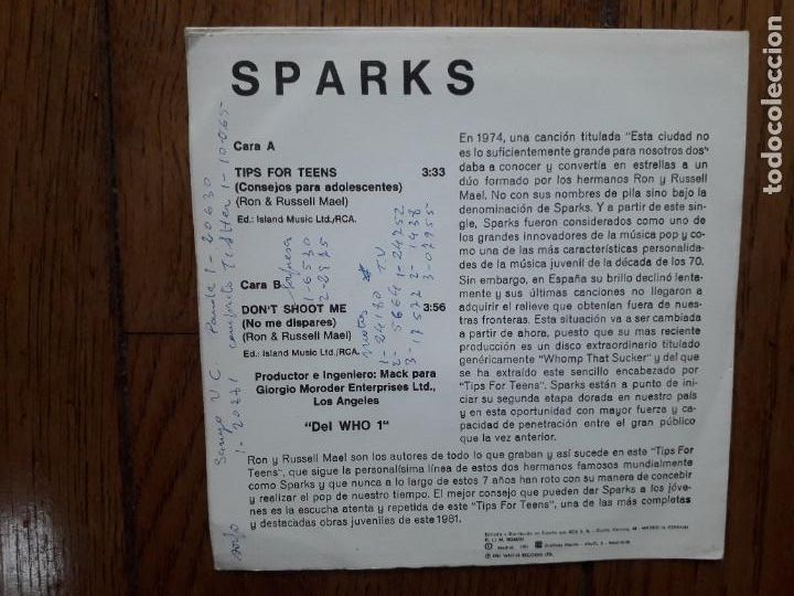 Discos de vinilo: Sparks - tips for teens + dont shoot me - Foto 2