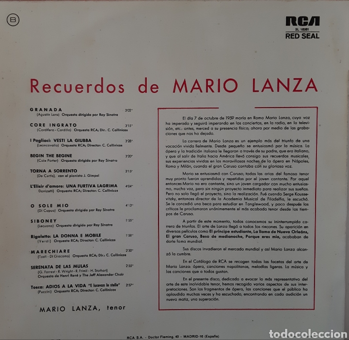 Discos de vinilo: Mario Lanza. Recuerdos de Mario Lanza. LP. - Foto 2