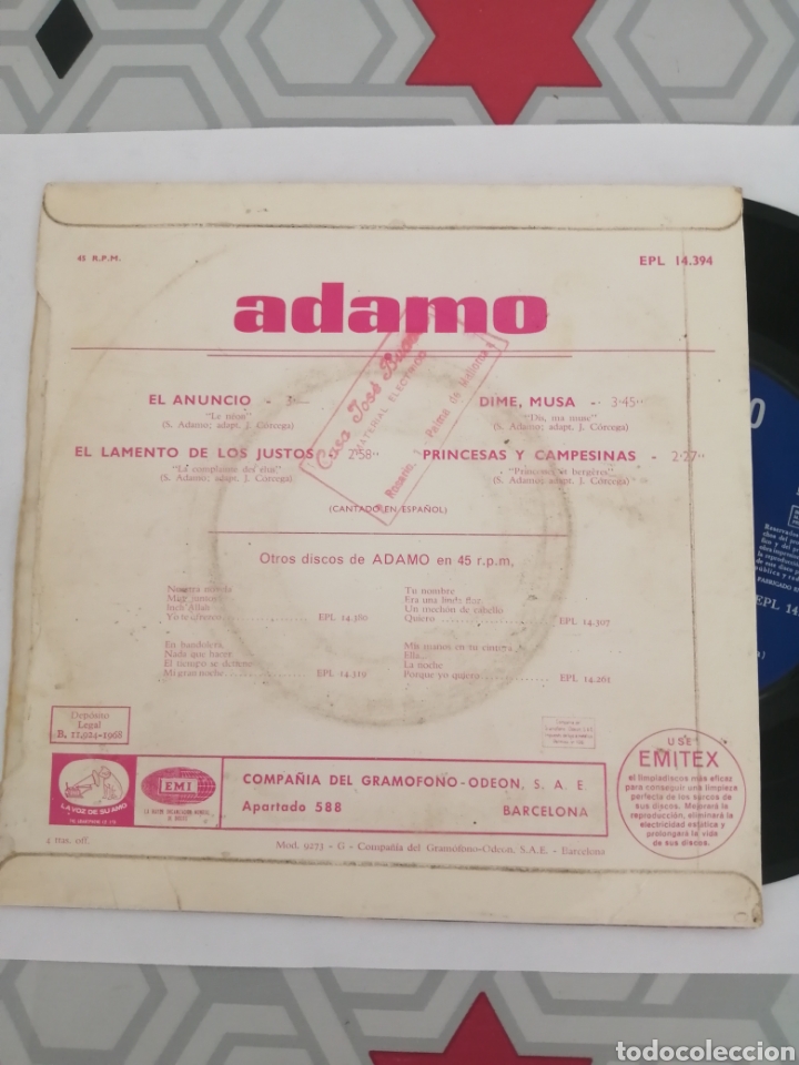 Discos de vinilo: Vinilo Adam dime musa 1968 EPL 14.394 Odeon - Foto 6