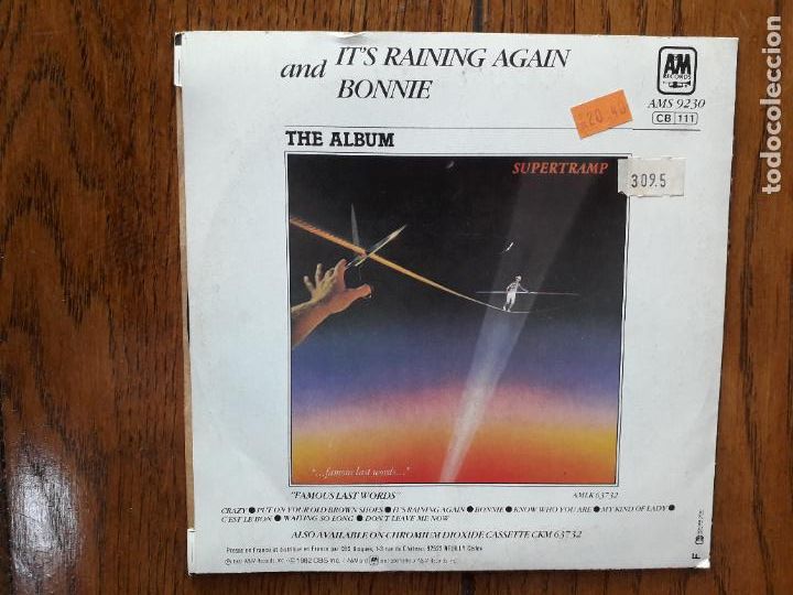 Discos de vinilo: Supertramp - its raining again + Bonnie - Foto 2