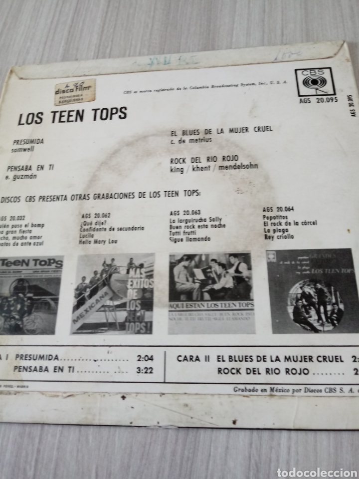 Discos de vinilo: Single de Los teeh tops. CBS de 1963. - Foto 2