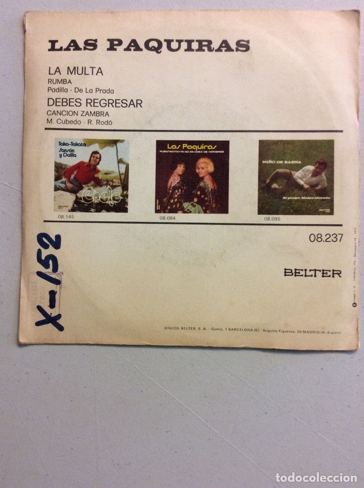 Discos de vinilo: Las Paquiras. La multa. Debes regresar. - Foto 2