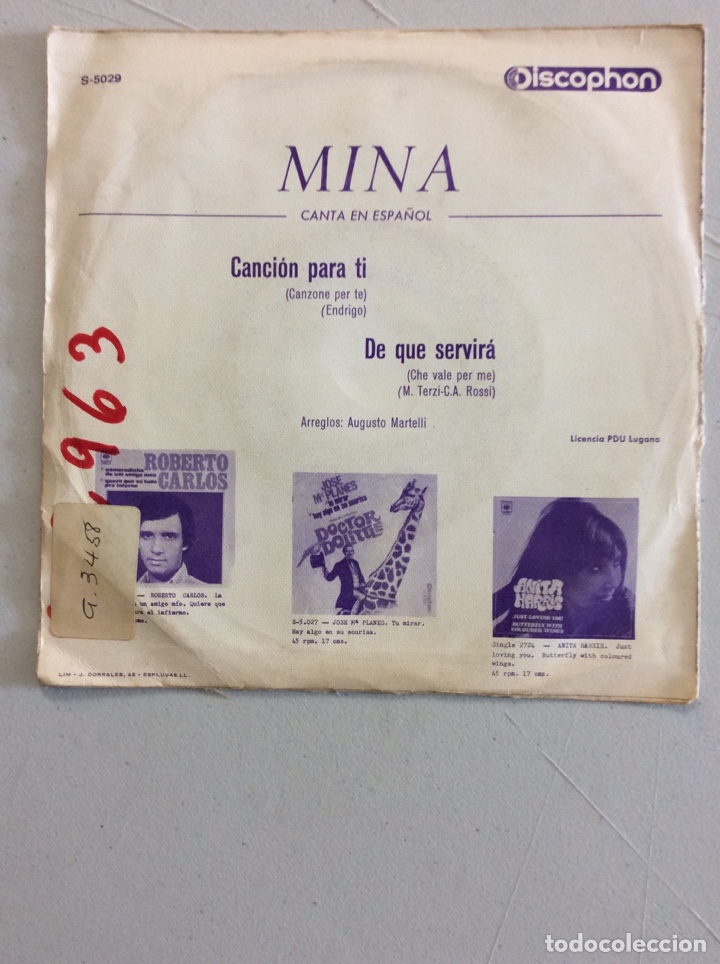 Discos de vinilo: Mina. Canci&oacute;n para ti. De qu&eacute; server&aacute;. (Canta en espa&ntilde;ol) - Foto 2