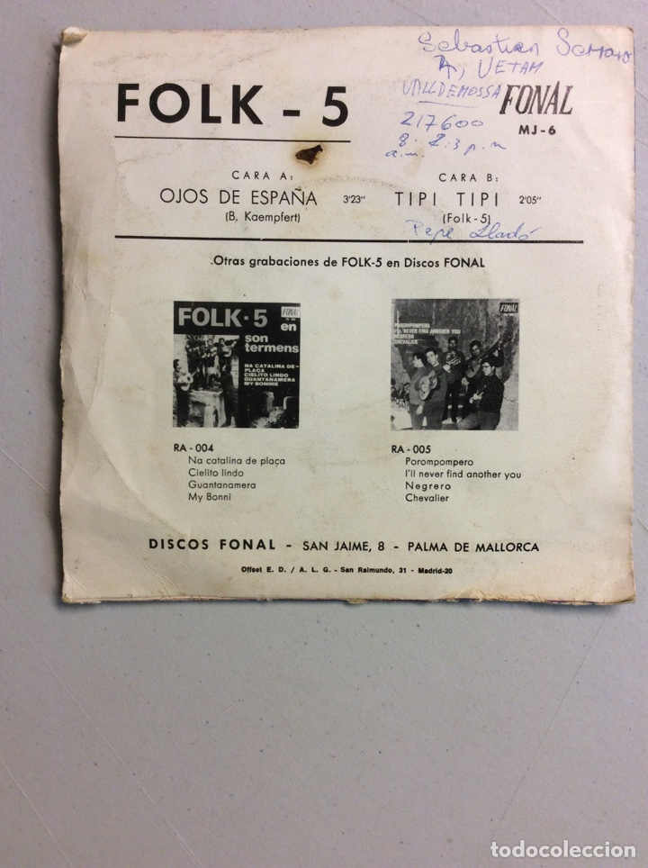 Discos de vinilo: Folk-5. Ojos espa&ntilde;oles. Tipi tipi. (Con dedicatoria) - Foto 2