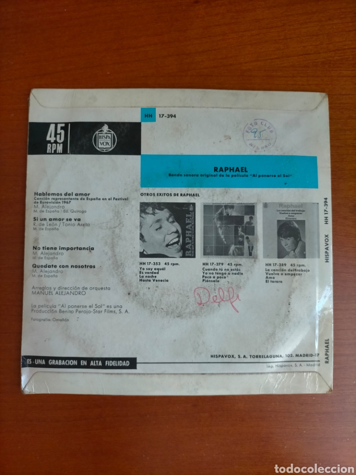 Discos de vinilo: Single Disco de Vinilo RAPHAEL EUROVISION 67. Hablemos del amor - Foto 2
