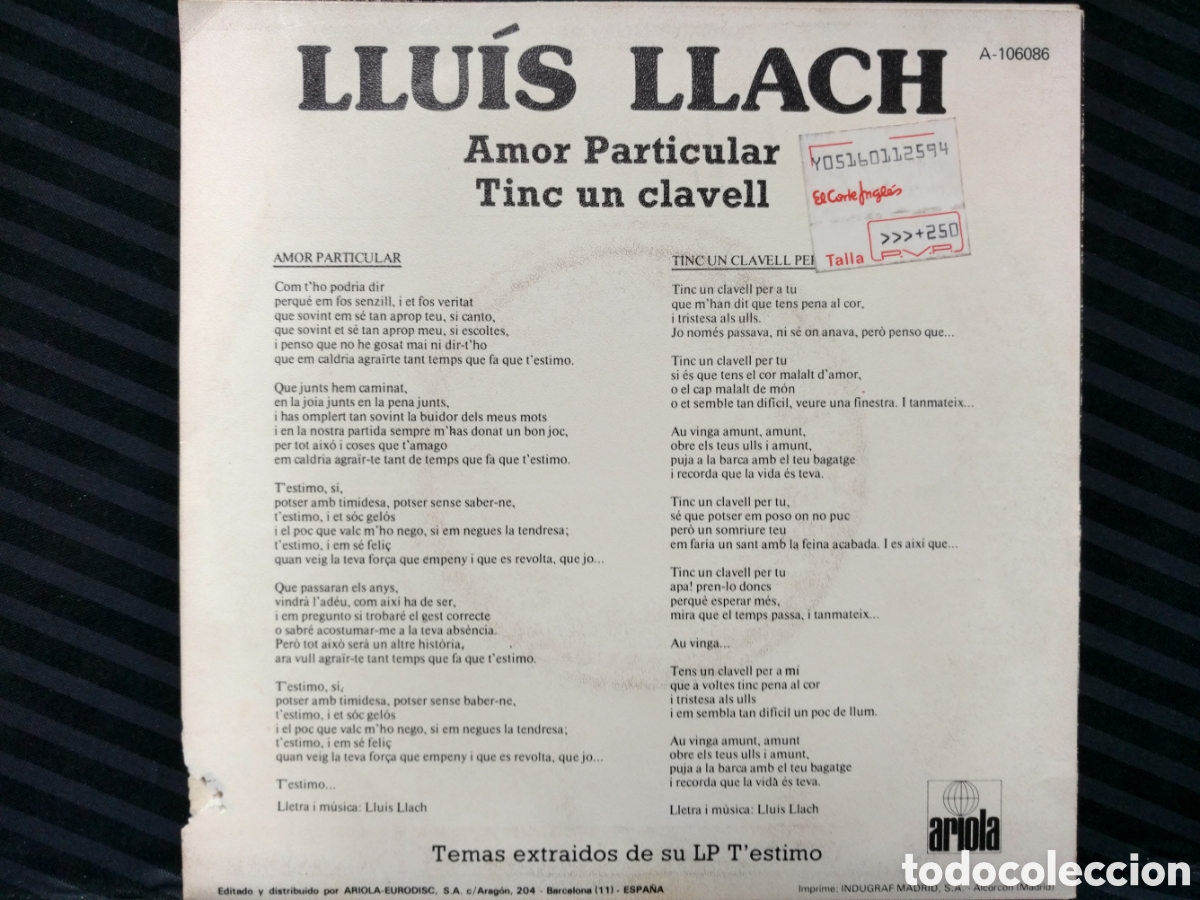 Discos de vinilo: Lluis Llach - Amor Particular (7&rdquo;, Single) - Foto 2